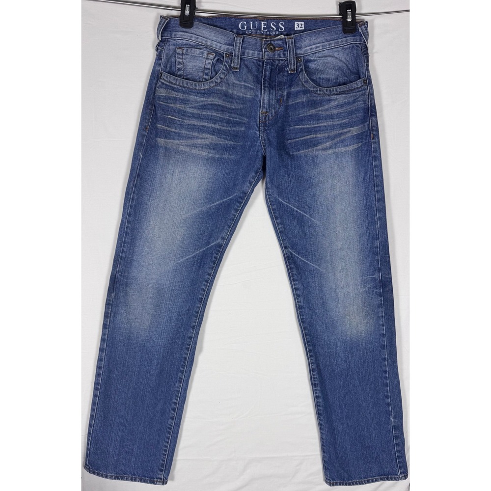 GUESS Rebel Straight Leg Jeans Men's 32x32 Medium Wash Whiskered Faded Y2K Denim